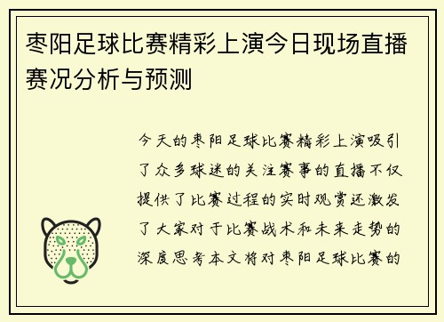 枣阳足球比赛精彩上演今日现场直播赛况分析与预测